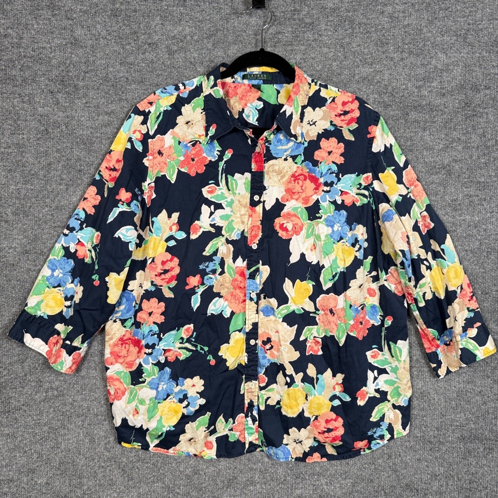 Lauren Ralph Lauren Plus Size‎ 2X Button Shirt Blouse Black Cotton Floral